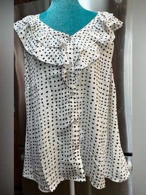 CAbi White and Black Polka Dot Ruffle Button-Front Camisole
